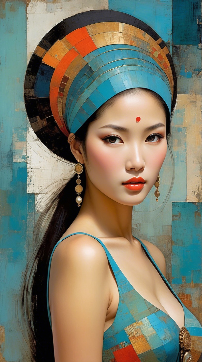 Woman in Colorful Headpiece with Blue Background