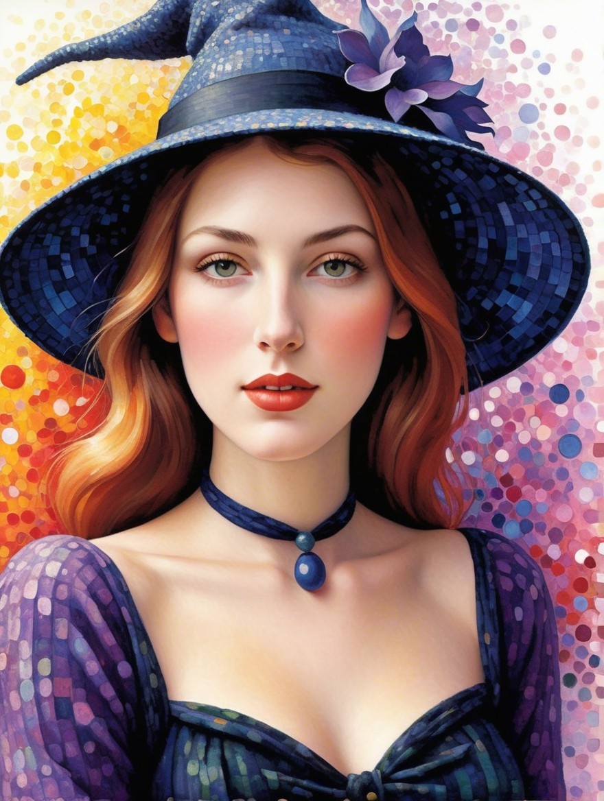 Whimsical Witch with Purple Dress and Enchanting Background