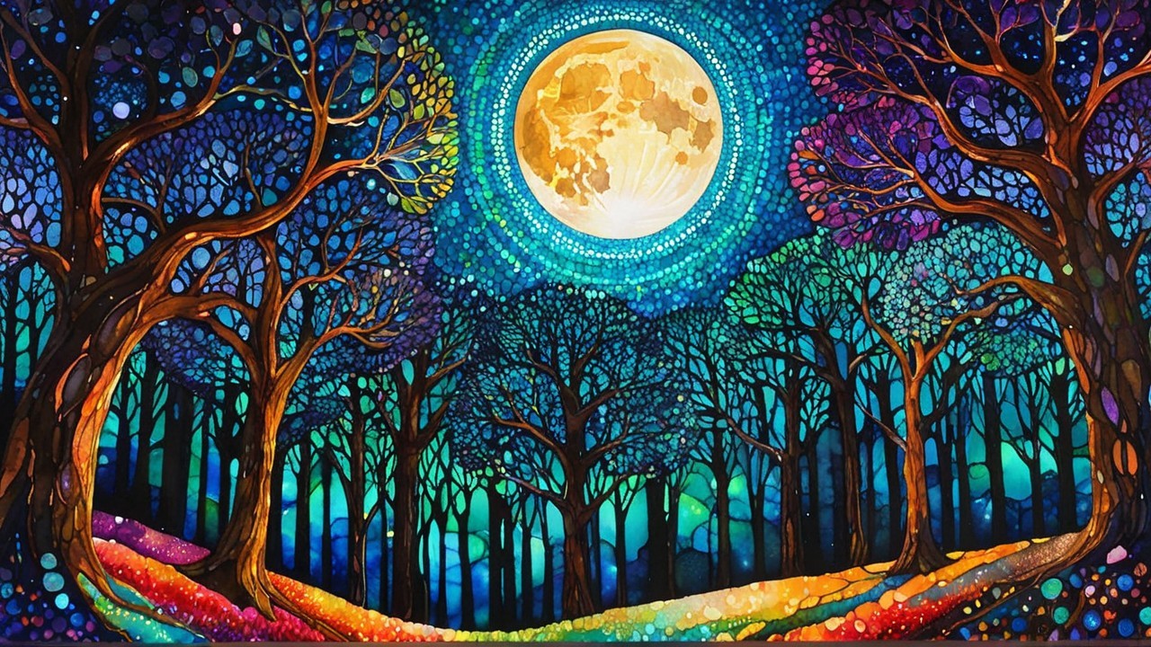 Vibrant Mystical Forest Scene Under Radiant Moon