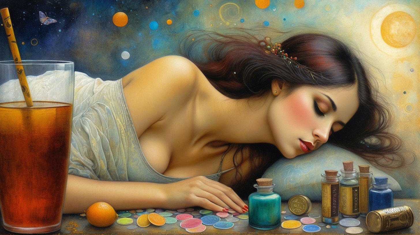 Slumbering Woman with Dark Hair and Teal Potion Bottle