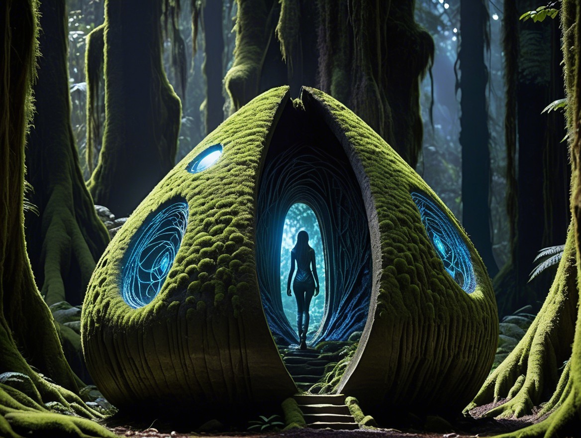 Futuristic Structure in a Mystical Forest Setting