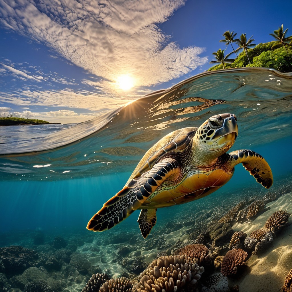 Majestic sea turtle in vibrant coral reef scene