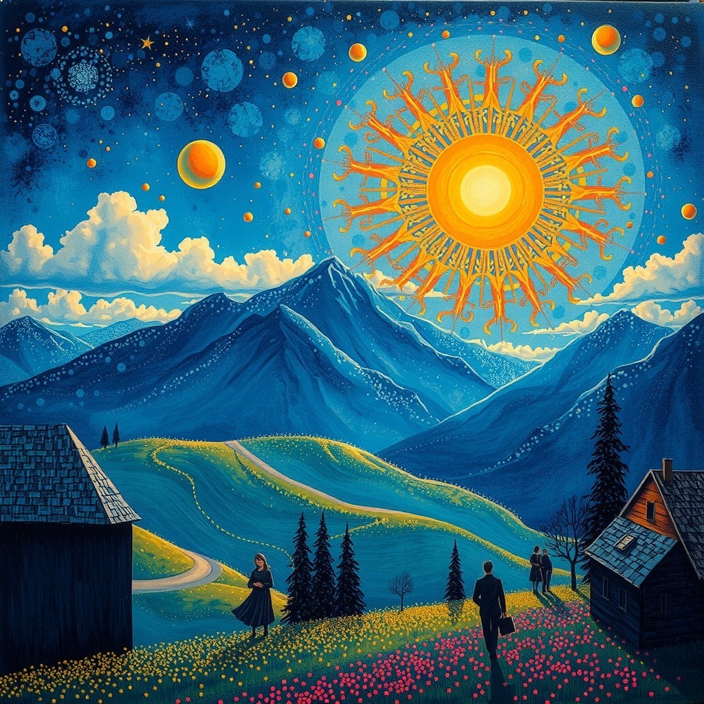 Vibrant landscape with hills, flowers, and mountains