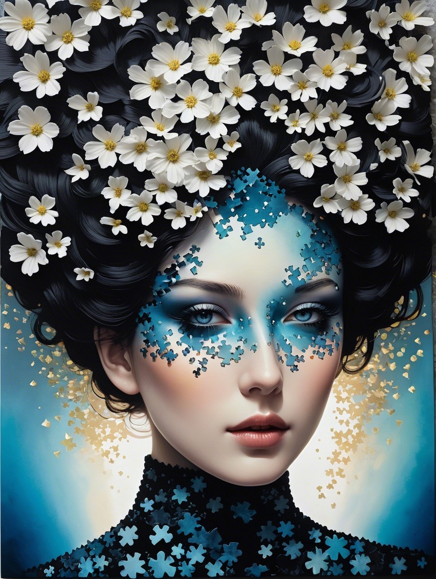 Portrait of a Woman with Floral Headdress and Blue Design