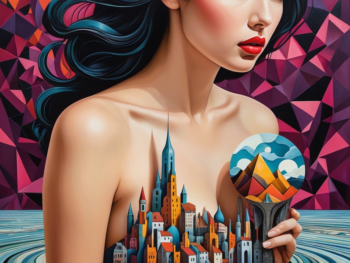 Surreal Artwork of Woman with Globe and Cityscape