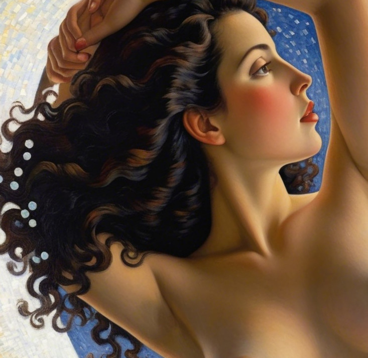 Side Profile of a Woman with Dark Curls and Blue Tones
