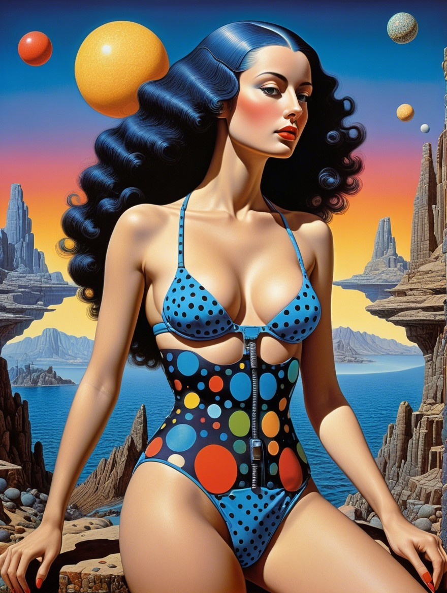 Surreal Landscape with Figure in Vibrant Swimsuit
