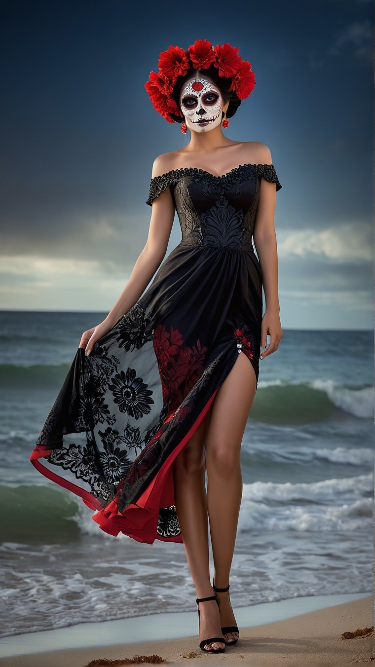 Woman in Black Gown with Sugar Skull Makeup at Beach