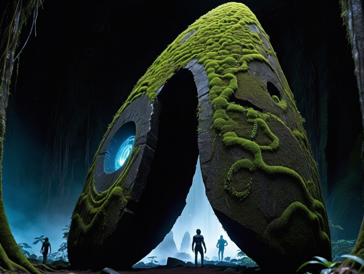 Ancient stone structure in a misty jungle setting