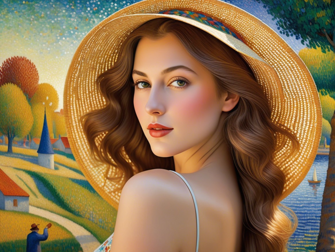 Young woman in straw hat against vibrant landscape
