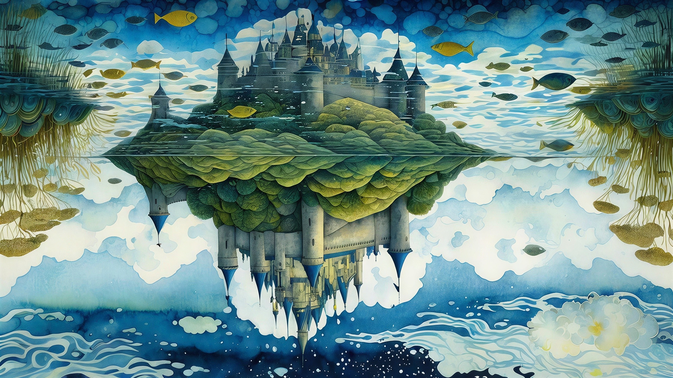 Watercolor Painting of Castle on Verdant Island