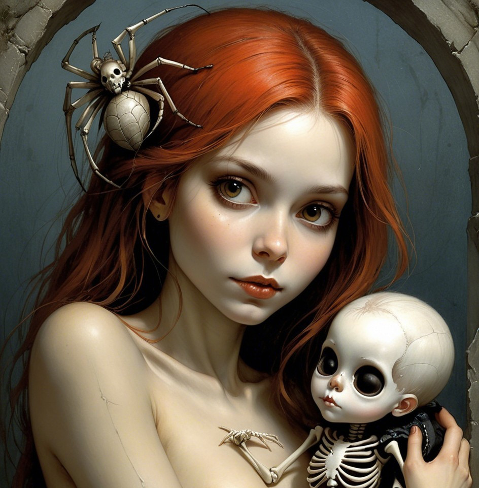 Portrait of a girl with red hair and skeletal doll