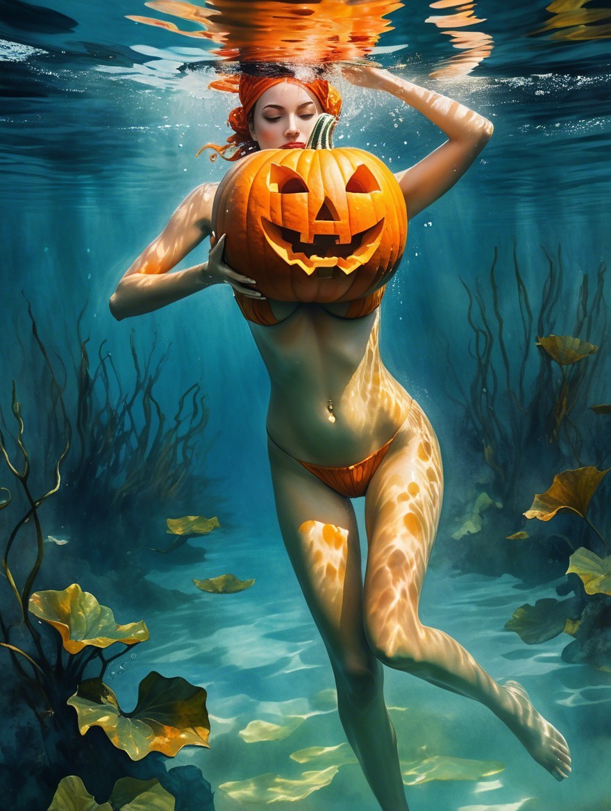 Woman with red hair underwater with carved pumpkin