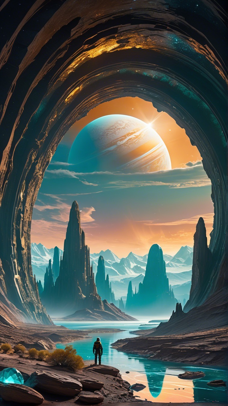 Surreal Landscape with Figure by Serene River and Planet