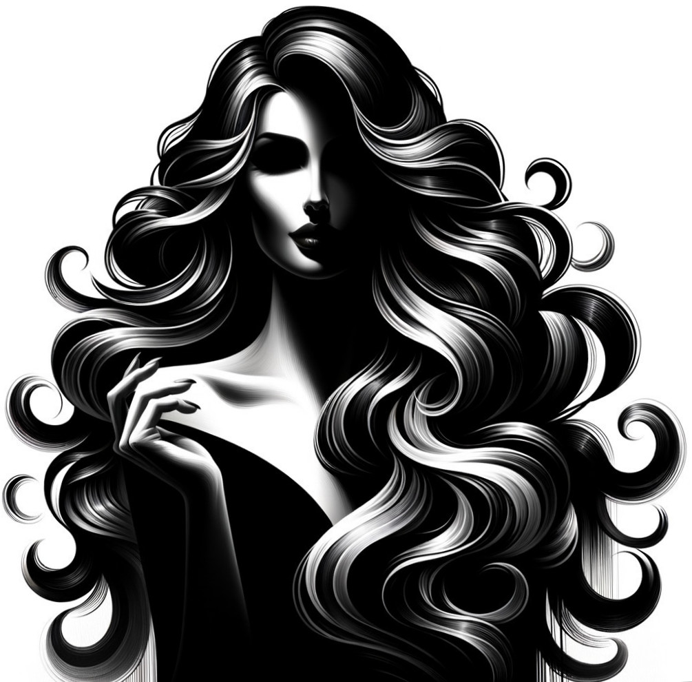 Monochrome Illustration of a Woman with Wavy Hair