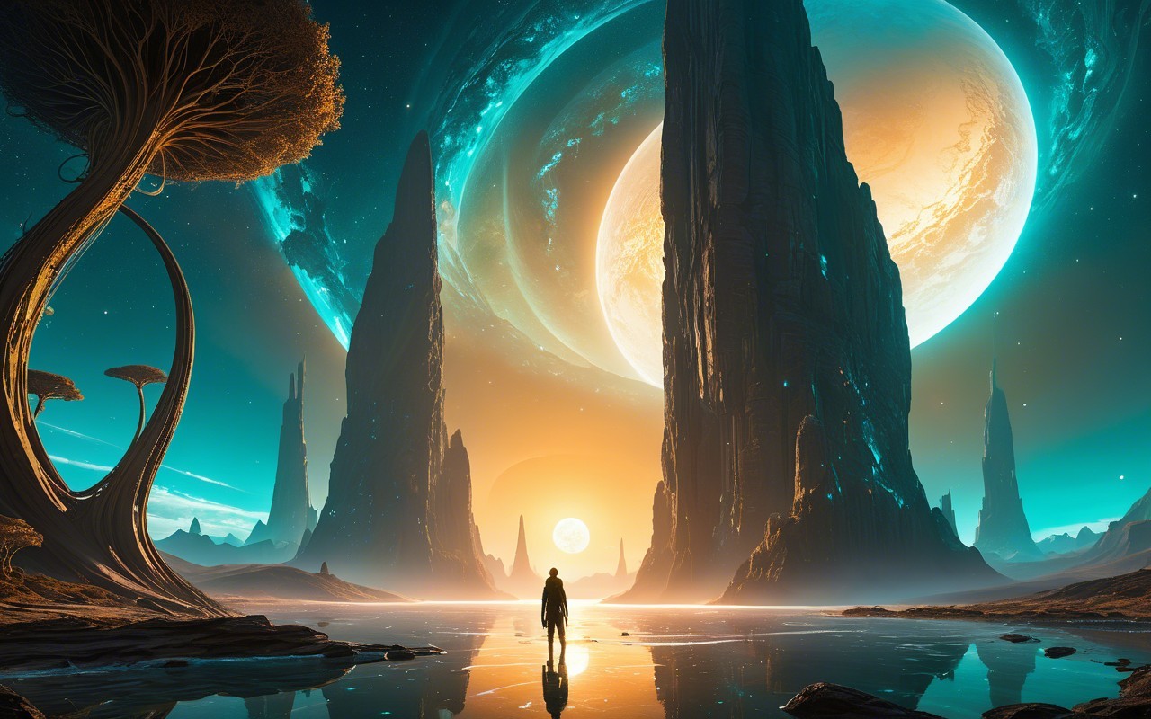 Surreal Landscape with Rock Formations and Celestial Bodies