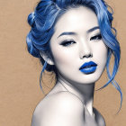 Portrait of a Woman with Blue Hair and Calligraphy