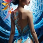Asian Woman in Colorful Feathered Hair and Bodysuit