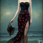 Woman in Black Gown with Sugar Skull Makeup at Beach