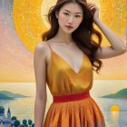 Young Woman in Multicolored Dress Against Vibrant Backdrop