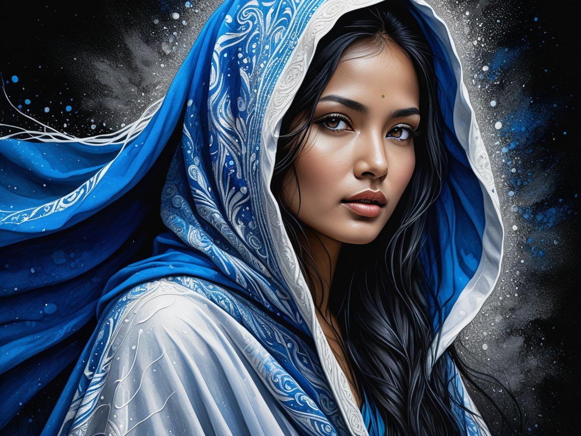 Young Woman in Blue and White Shawl with Abstract Background