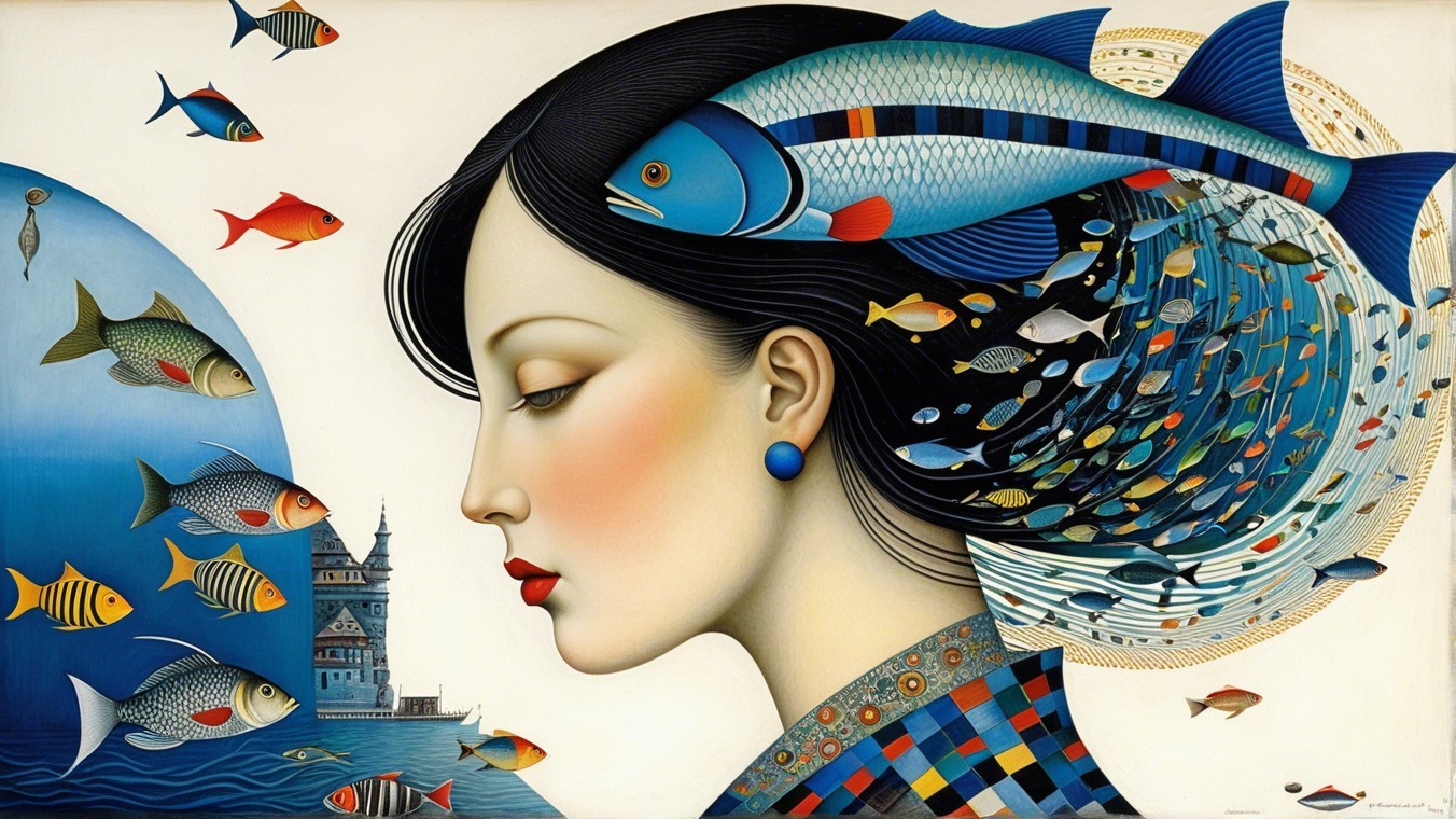 Stylized Woman's Profile with Underwater Scene Elements