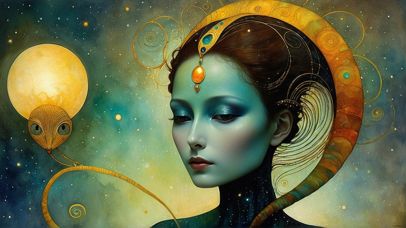 Ethereal Woman with Blue Skin and Cosmic Elements