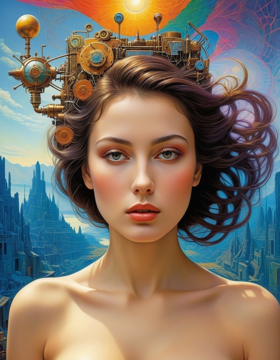 Portrait of a Woman in Surreal Mechanical Landscape