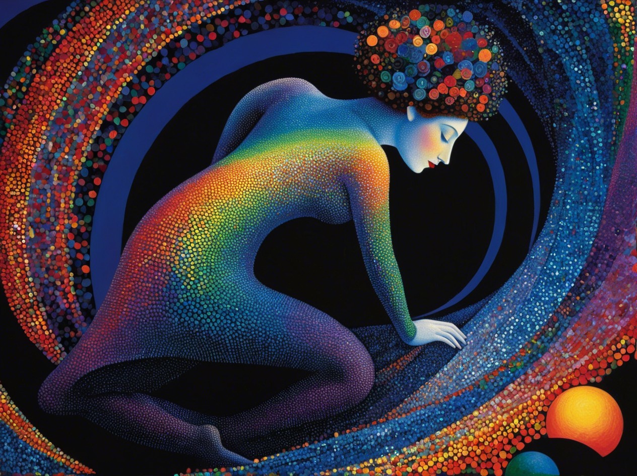 Colorful Pointillist Painting of a Kneeling Figure