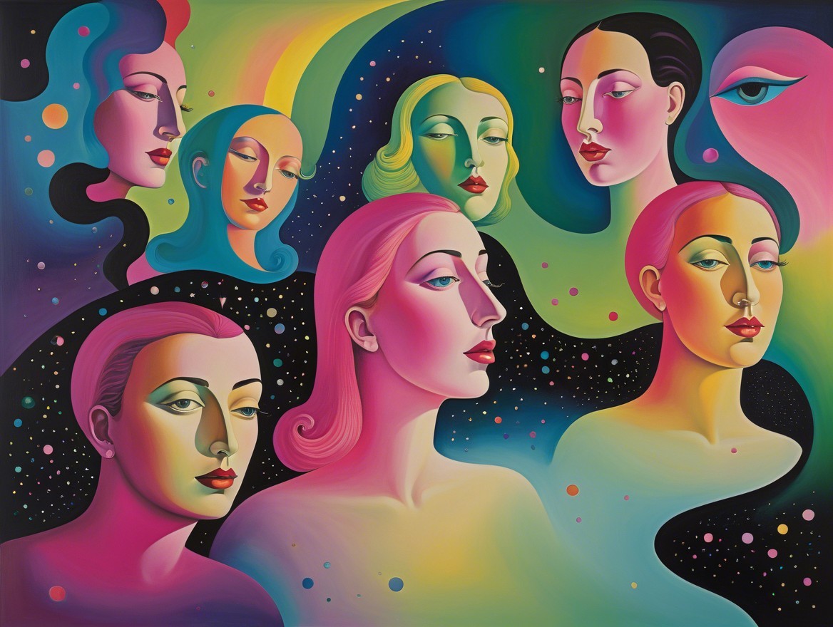 Surreal Artwork of Colorful Female Faces in Cosmic Setting