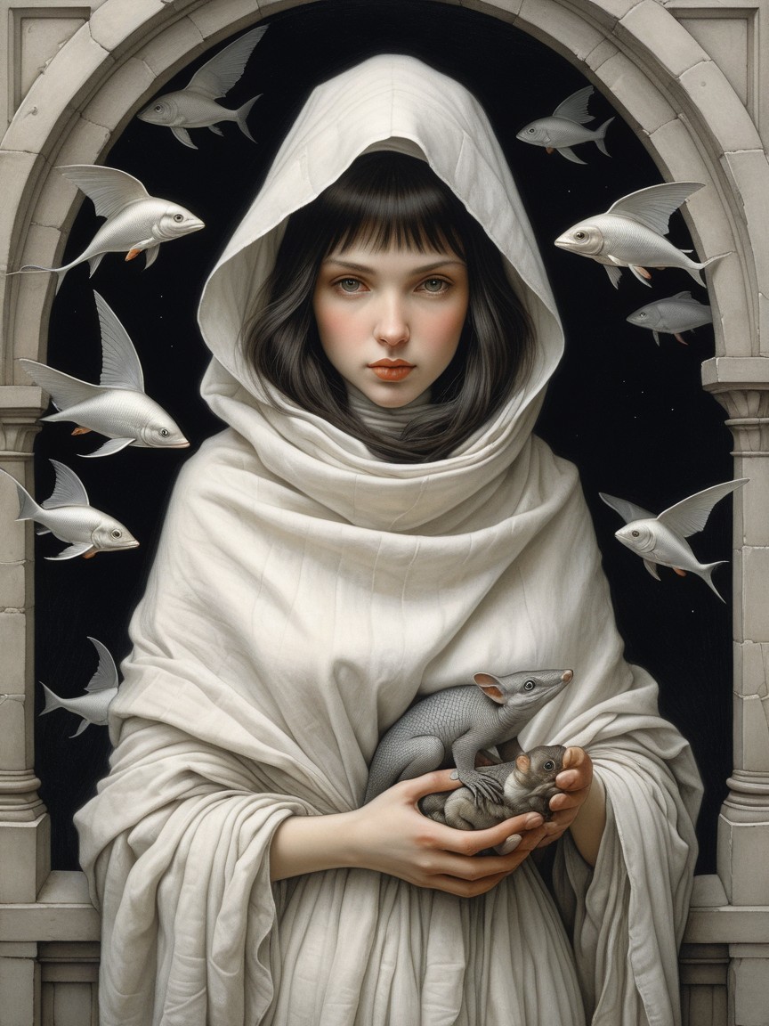 Serene Young Girl in White Robe with Ethereal Creatures
