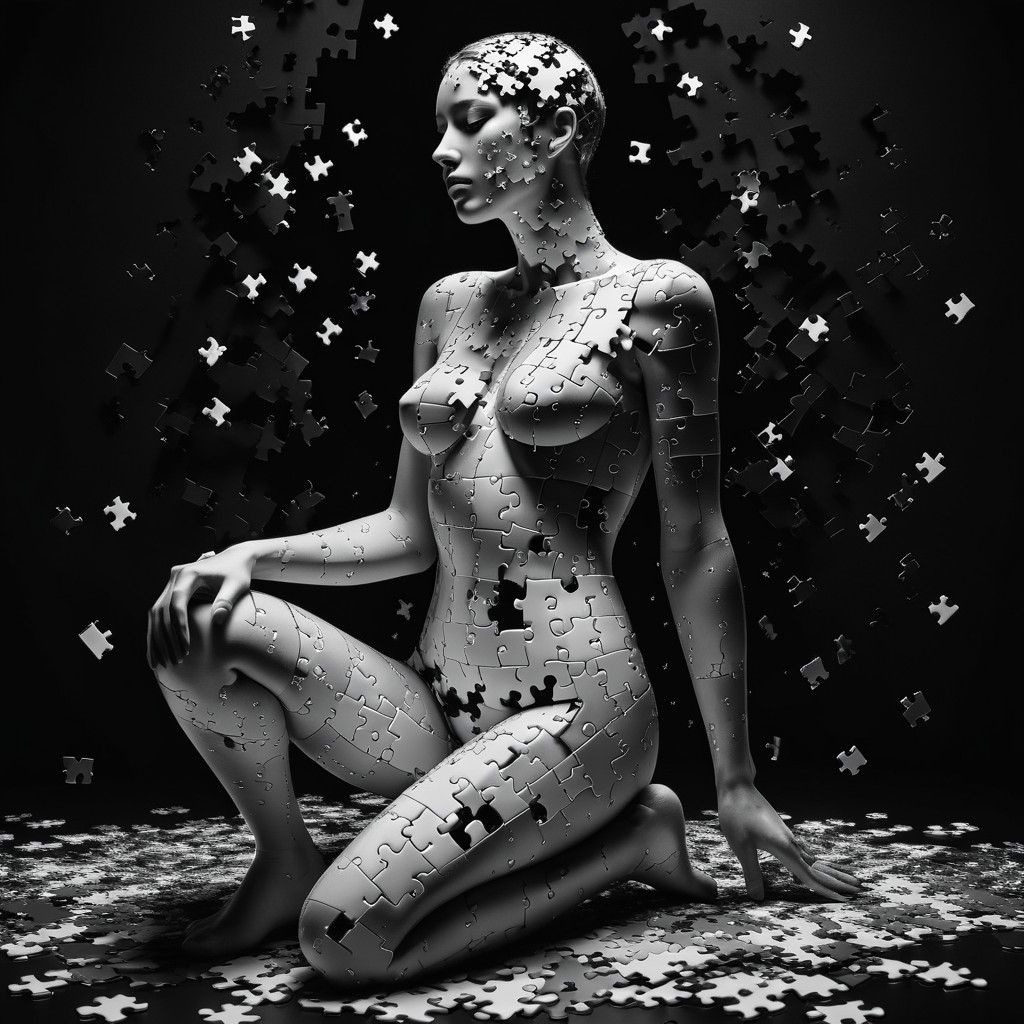 Monochromatic Puzzle Piece Figure in Contemplation