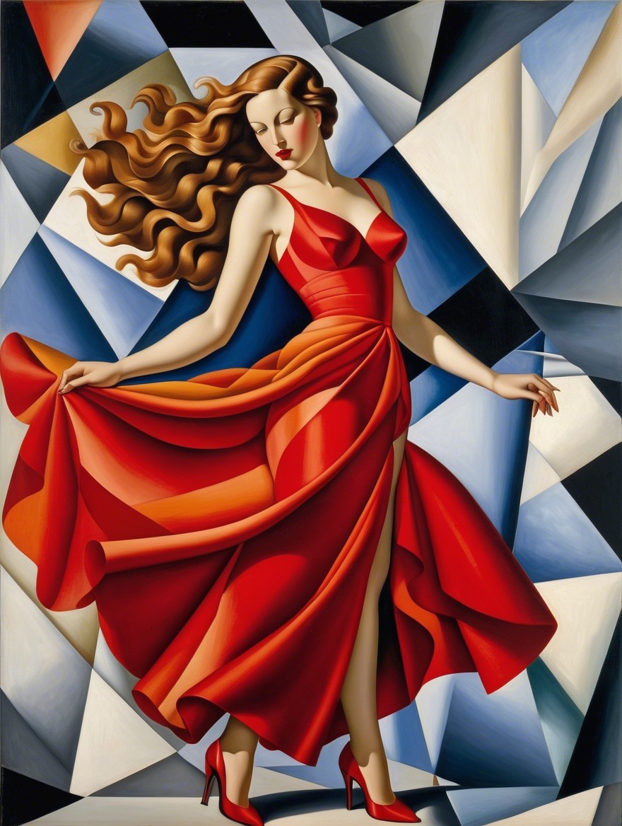Elegant Woman in Red Dress with Geometric Background
