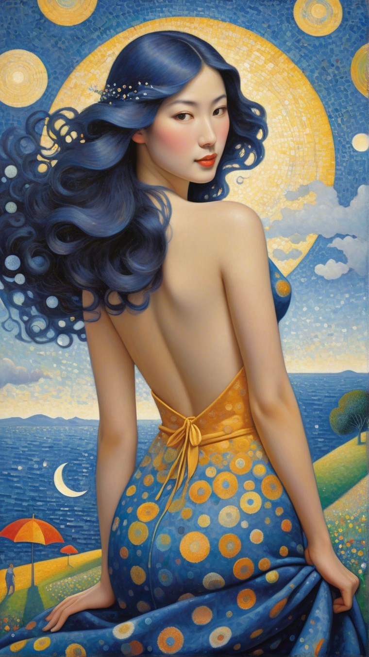 Woman with Blue Hair in Vibrant Dress Against Landscape