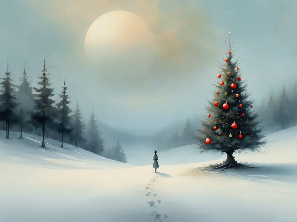 Child figure in blue coat walking in snowy landscape