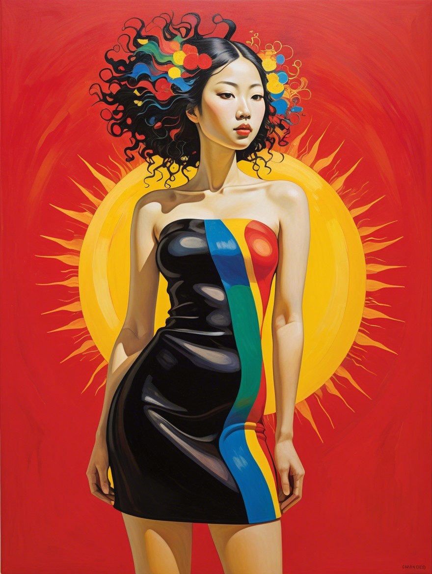 Woman in Black Dress with Colorful Stripes and Sun