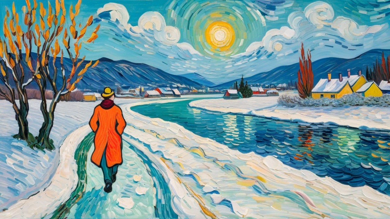 Vibrant Winter Landscape with River and Mountains