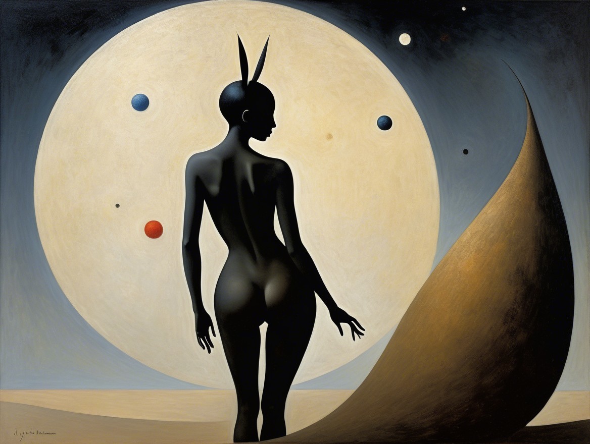 Silhouetted Figure with Rabbit Ears Against Moonlit Sky