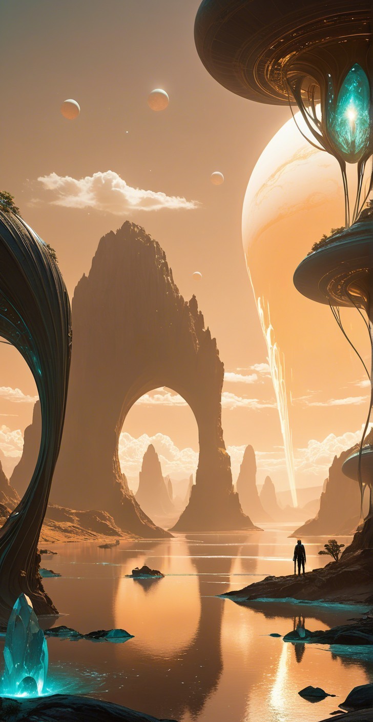 Surreal Landscape with Luminous Structures and Water