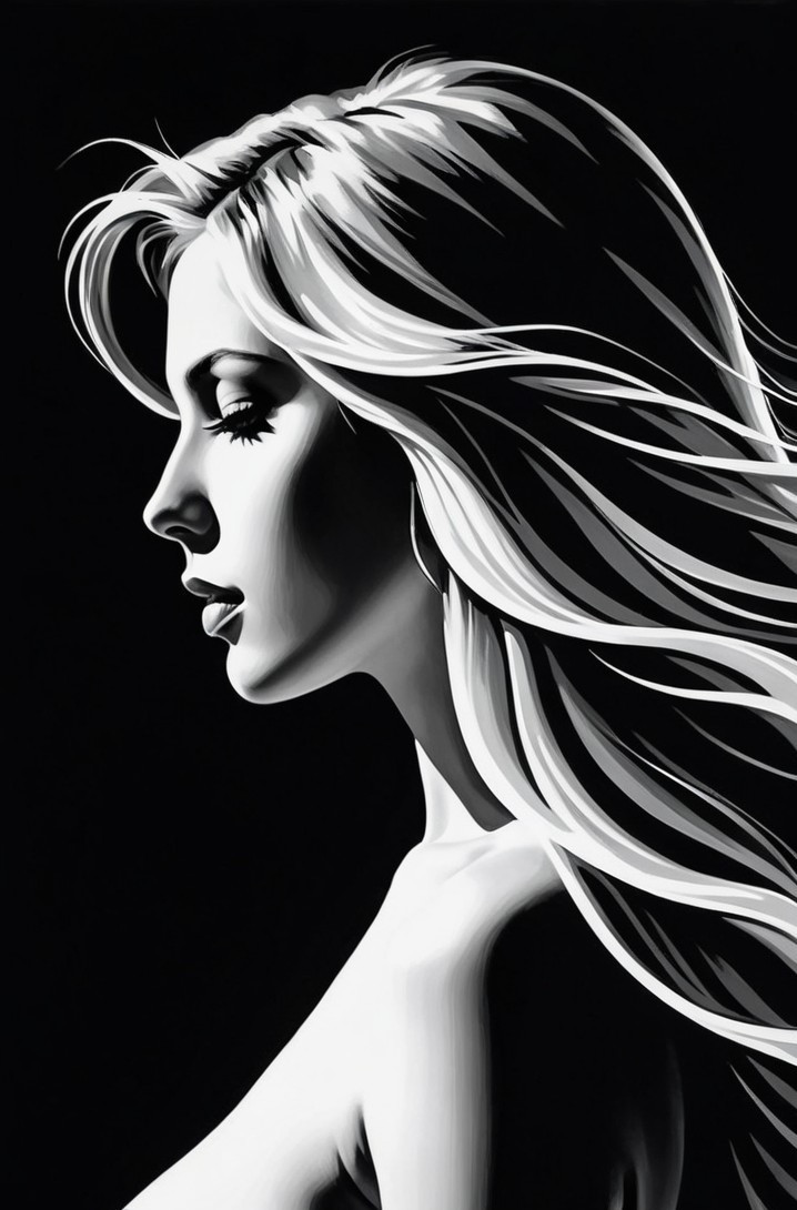 Profile of a Woman with Flowing Hair on Black Background