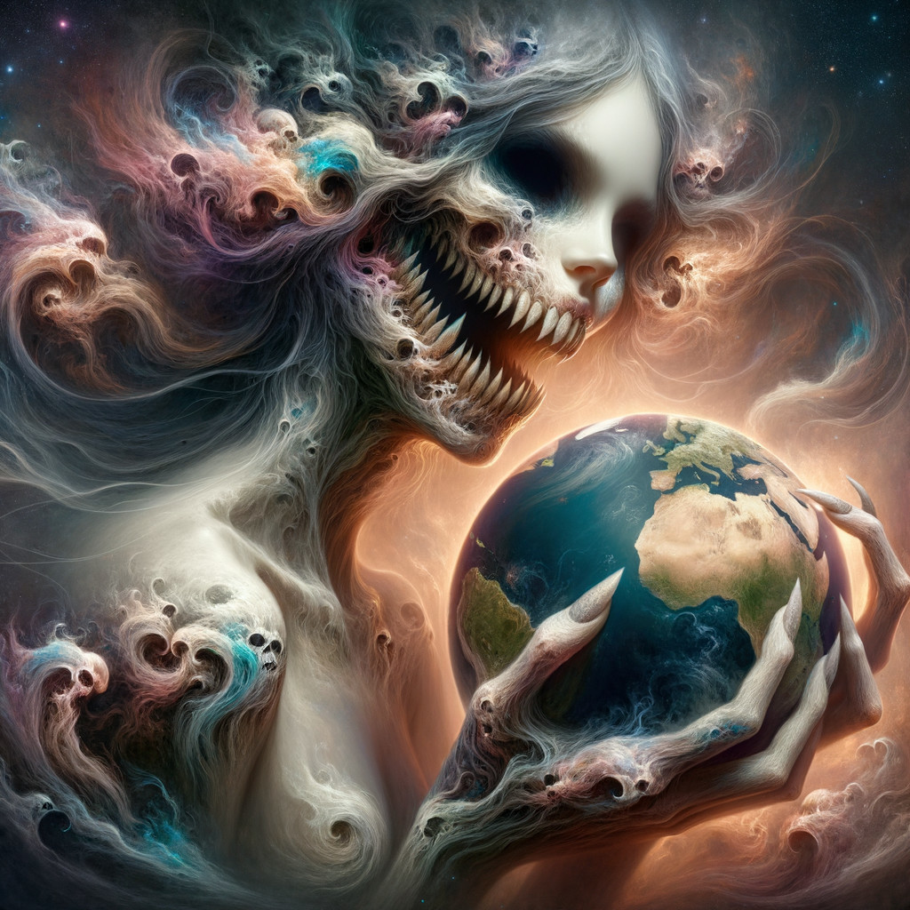Surreal Figure with Smoky Hair in Cosmic Background