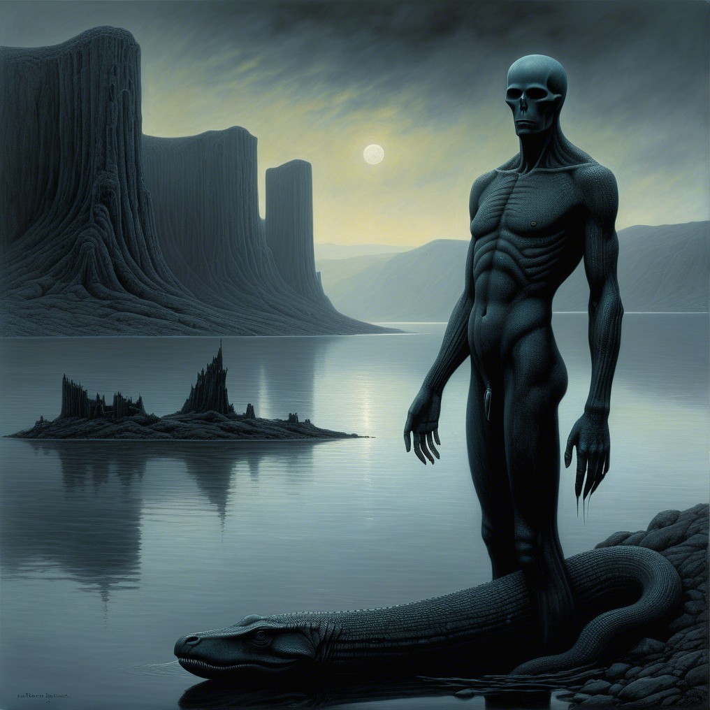 Surreal Landscape with Humanoid Figure and Serpent Creature
