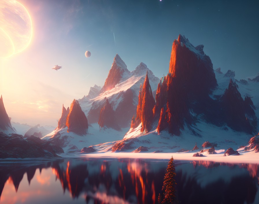 Alien Landscape with Mountains and Reflective Lake