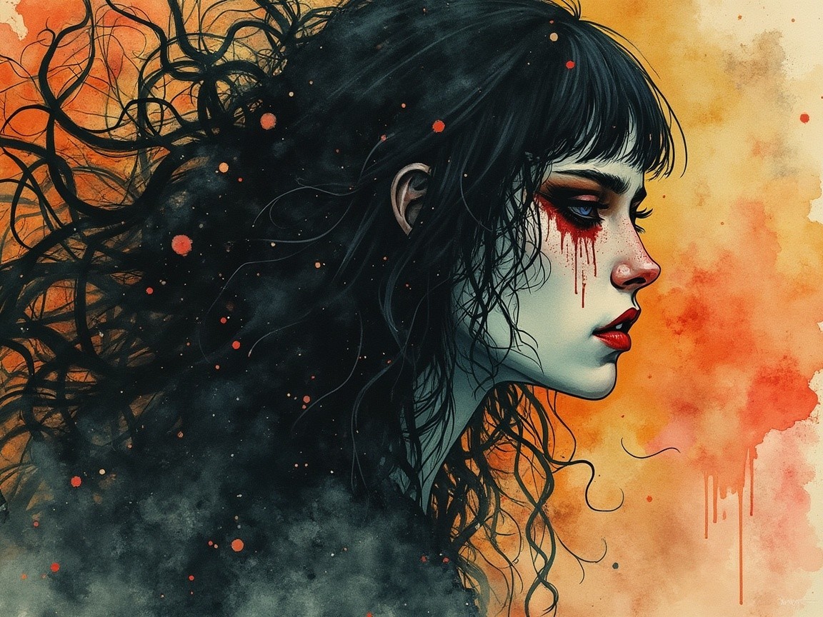 Portrait of a Young Woman with Dark Hair and Tears
