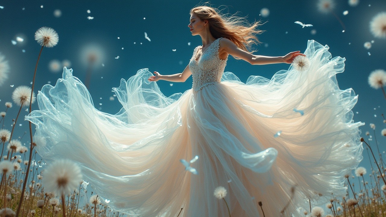 Graceful woman in flowing gown among dandelions