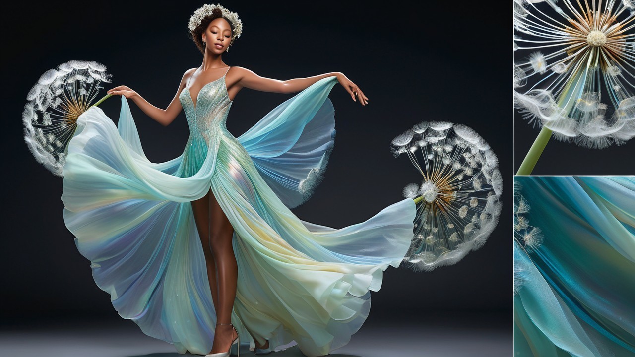 Model in Ethereal Aqua Gown with Dandelion Accents