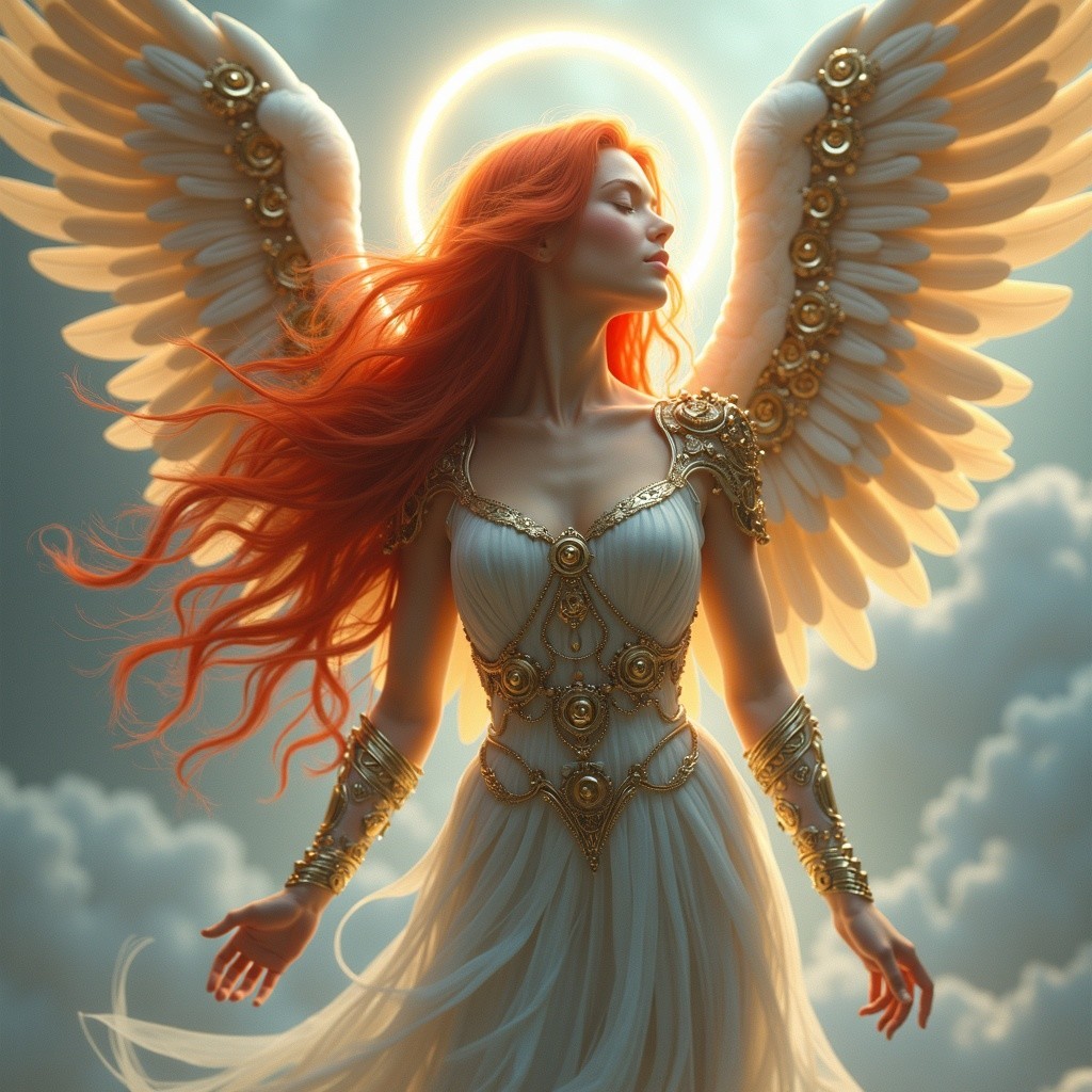 Majestic figure with wings and flowing red hair