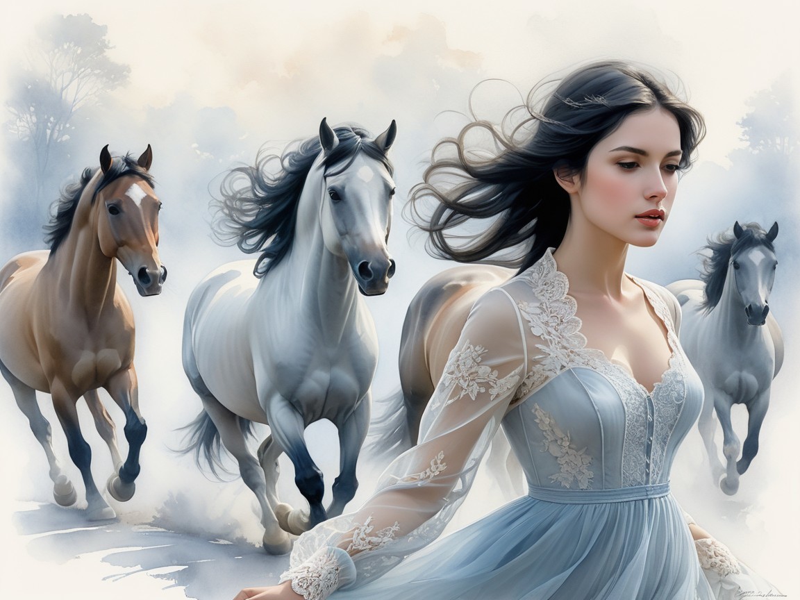 Ethereal Woman in Blue Dress with Galloping Horses