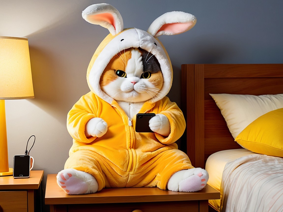 Oversized Plush Cat in Yellow Bunny Onesie Decor