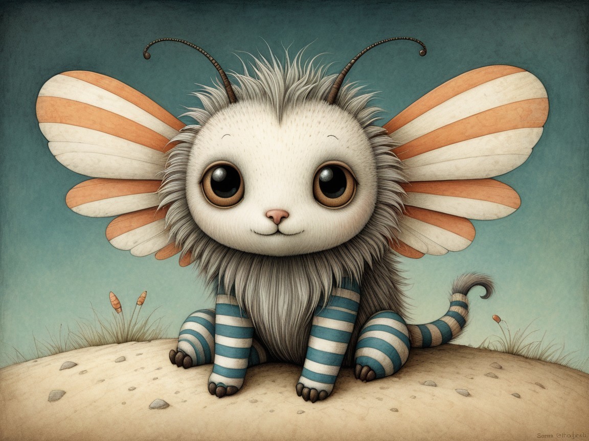 Whimsical gray creature with striped wings and eyes